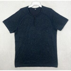 Lululemon Henley T Shirt Mens XL Blue Green Short Sleeve Striped Crewneck